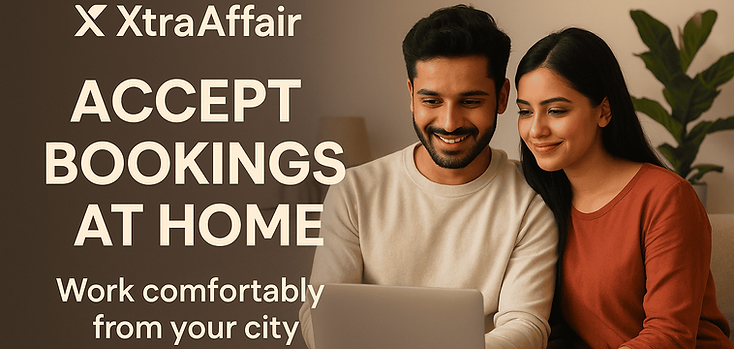 Promotional banner showing an Indian couple at home using a laptop, symbolizing the concept ‘Accept Bookings at Home’ for Pla