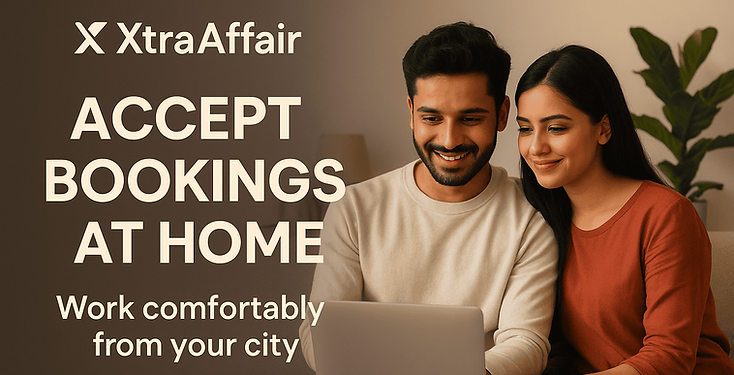 Promotional banner showing an Indian couple at home using a laptop, symbolizing the concept ‘Accept Bookings at Home’ for Pla