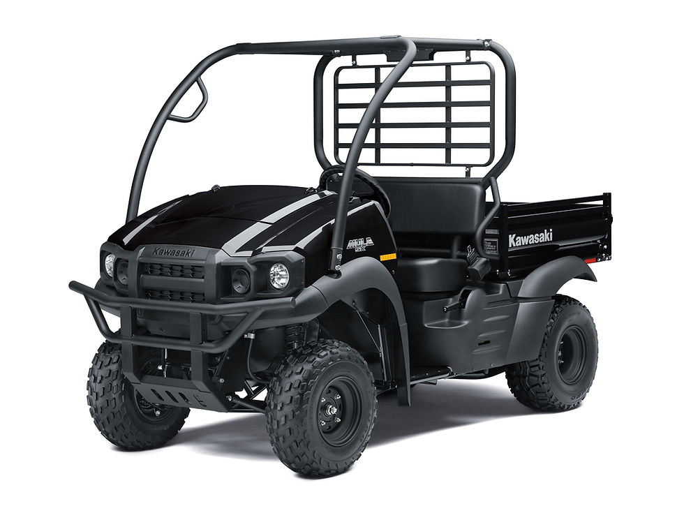 Black Kawasaki Mule utility vehicle with cargo bed.