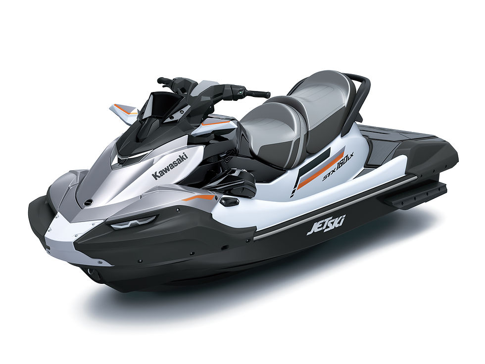 Silver and white Jet Ski Kawasaki with orange accents