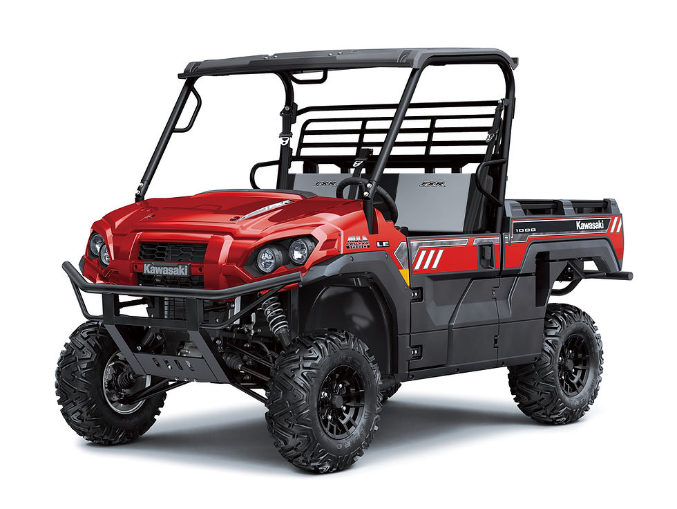 Red Kawasaki MULE side-by-side utility vehicle