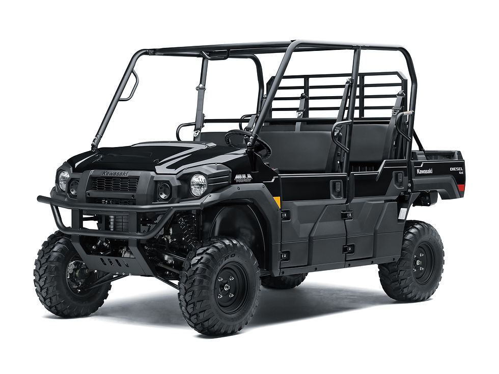 Black Kawasaki MULE PRO-DXT with roll cage and cargo bed