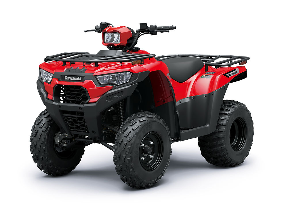 Red Kawasaki quad bike with front and rear utility racks.