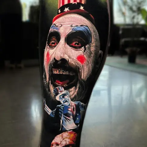 color realism horror tattoo of captain spaulding with intense expression and detail