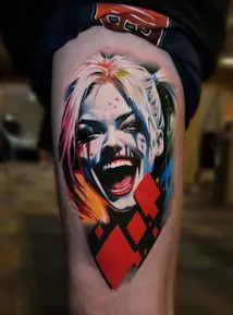 Harley Quinn color portrait tattoo pop culture style