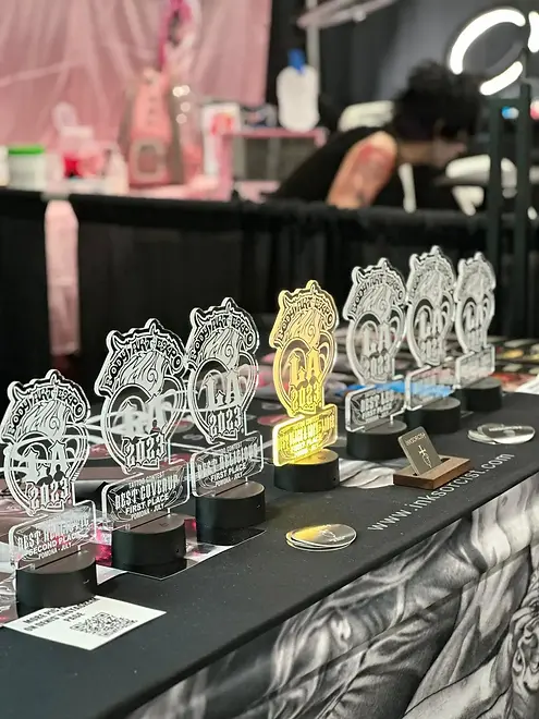 Tattoo trophies displayed at Body Art Expo 2023 in Pomona California