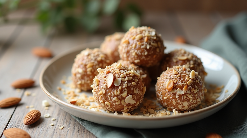 Close-up of coconut almond energy bites on a plate