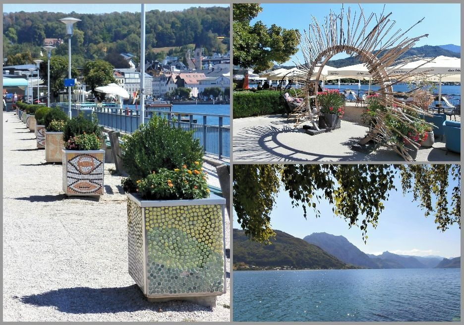 Gmundner Keramik, wohin das Auge reicht, und überall feine Plätzchen, wo wir uns am Glitzern des Traunsees erfreuen können - die Sonne geht in Gmunden übrigens nie unter, dafür ist zuverlässig gesorgt ;-)