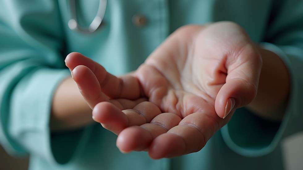 Close-up view of a hand with blisters due to Epidermolysis Bullosa