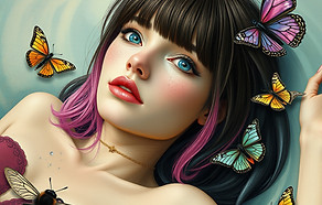 cyber renaissance magic lady with pink and blue bangs brown bob with bangs big blue green