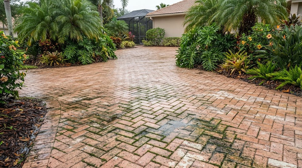 Dirty, algae-stained herringbone brick paver driveway in Florida with lush tropical landscaping.