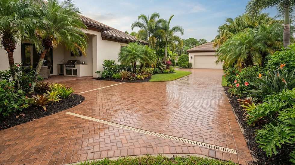 Wet herringbone paver driveway at a Florida home with tropical landscaping and outdoor kitchen.