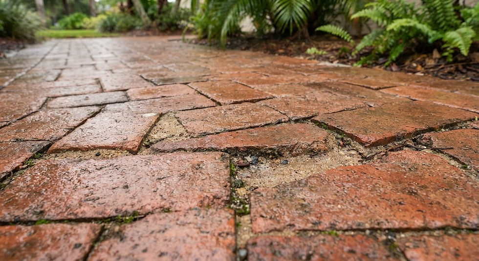 Florida red brick paver pathway with wet texture and sand joints.