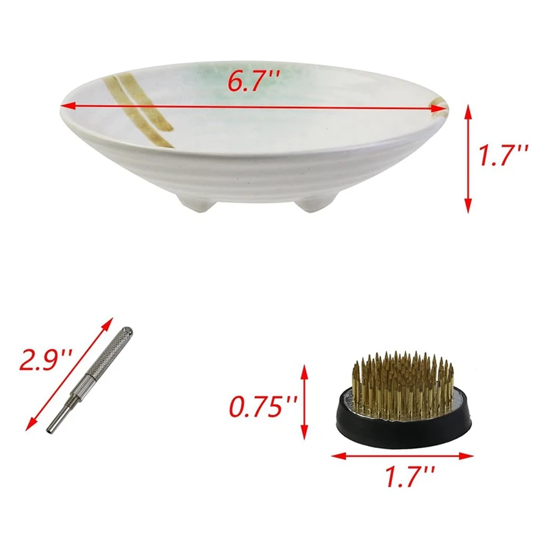 Thumbnail: Ikebana Vase Kit – Ceramic Bowl, Stainless Steel Kenzan, Needle Straightener
