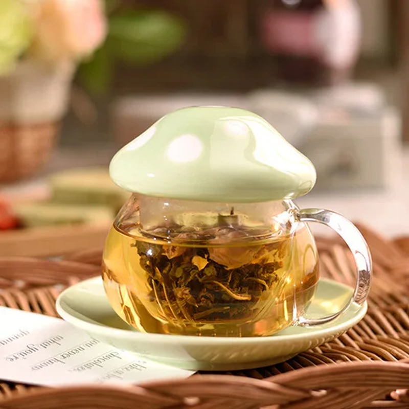 Thumbnail: Lovely Mushroom Ceramic Tea & Coffee Mug Set | Glass Cup with Filter and Saucer