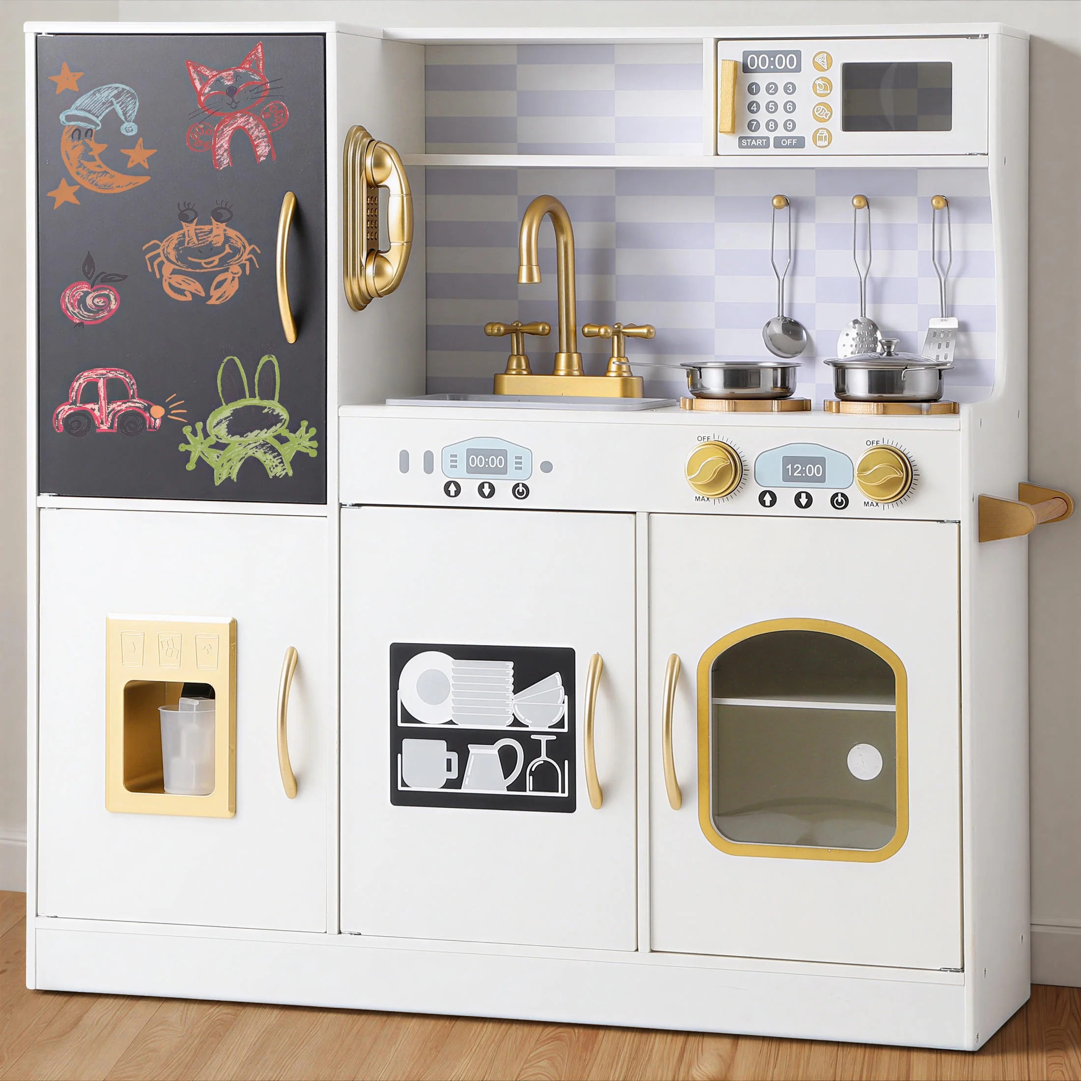 Play Kitchen, Wooden Kids Kitchen Playset with Chalkboard, Ice Maker, Play Phone