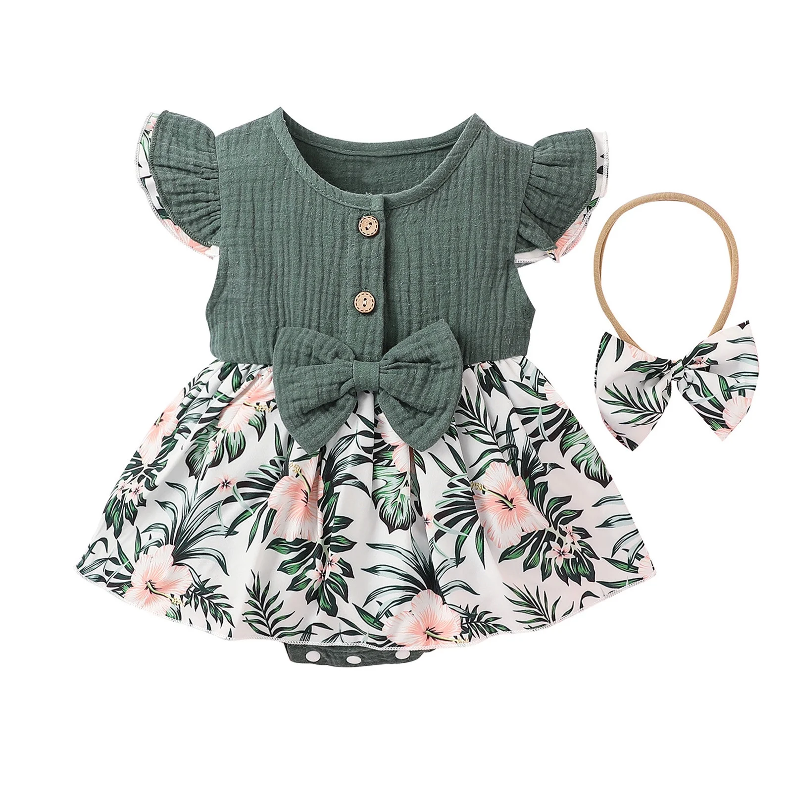 Baby Girls Clothes Ribbed Romper Bodysuit Ruffle Summer Outfit (Green6-9 Months)