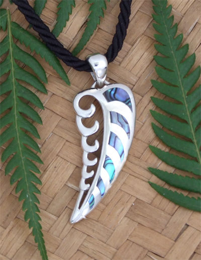 Thumbnail: Rei "Wave-Frond" NZ Jewellery Paua Shell Silver Pendant+Chain  3089