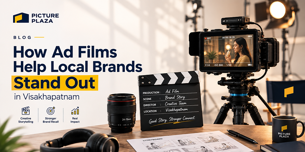 Blog banner for Picture Plaza: How Ad Films Help Local Brands Stand Out in Visakhapatnam, with camera, coffee, and creative collage