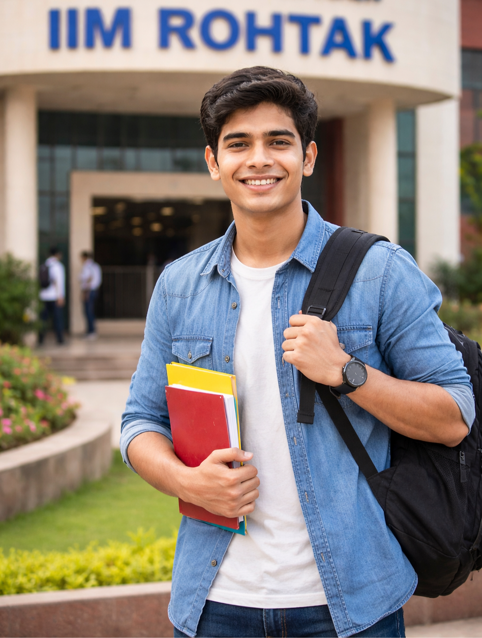 Smiling teenage student with a backpack holding books, standing outside the IIM Rohtak campus entrance with the institute name clearly visible in the background.