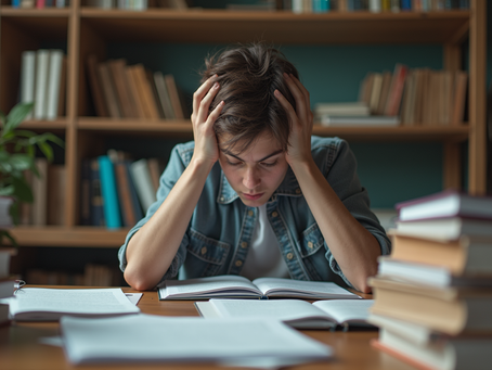 Eye-level view of a student sitting at a desk surrounded by stacks of olympiad exam papers and study materials