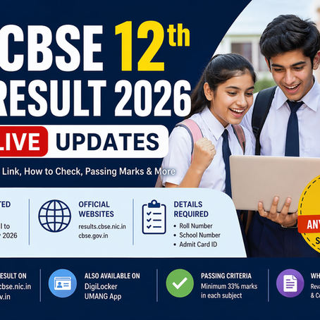 CBSE 12th Result 2026 live updates banner showing students checking results online with details on expected date, official websites, and passing criteria
