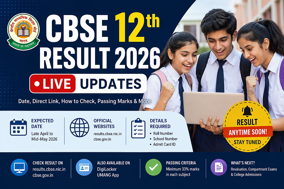 CBSE 12th Result 2026 live updates banner showing students checking results online with details on expected date, official websites, and passing criteria