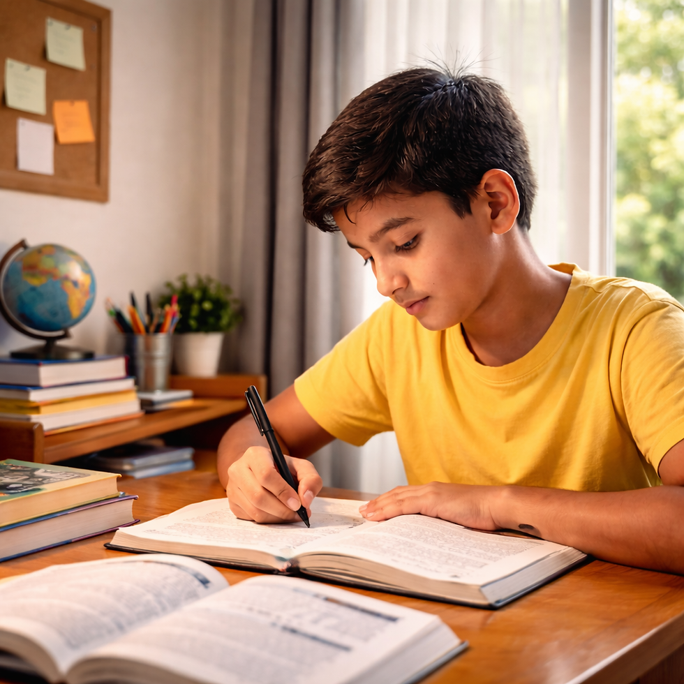 School student improving English grammar by writing in notebook at study desk