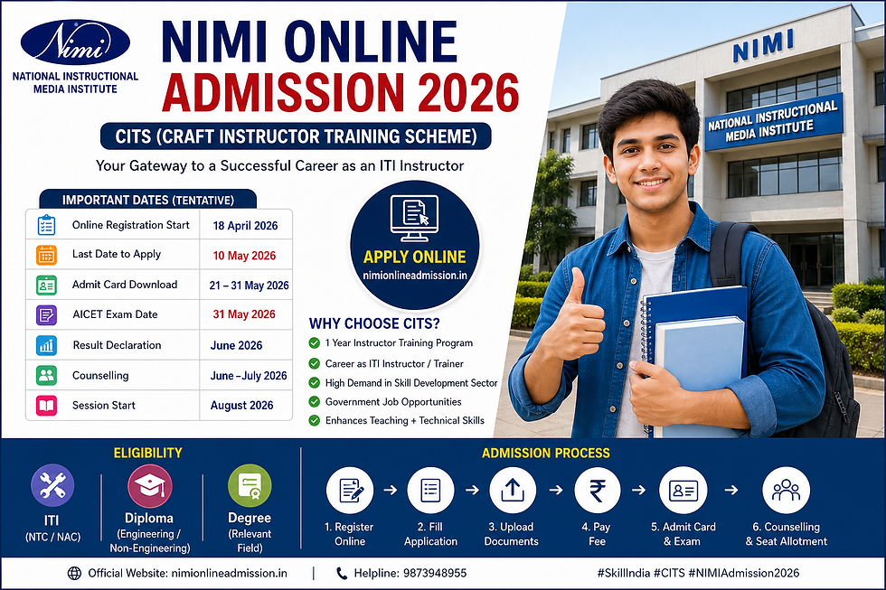 NIMI Online Admission 2026 CITS banner showing registration dates, eligibility, and application process for ITI instructor training