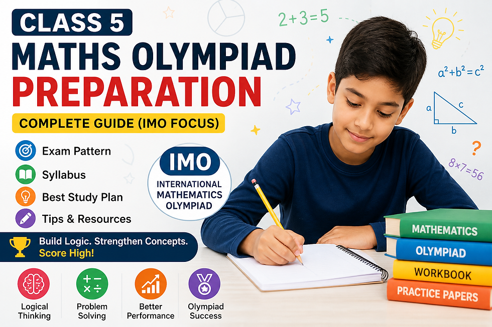 Class 5 Maths Olympiad preparation student studying with books and solving problems for IMO exam