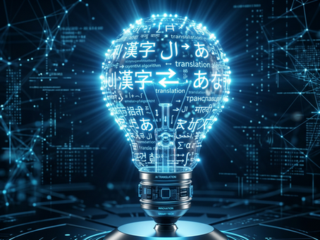 易翻译 AI 智能翻译算法展示,发光科技灯泡内融入多国文字与神经网络数据流。