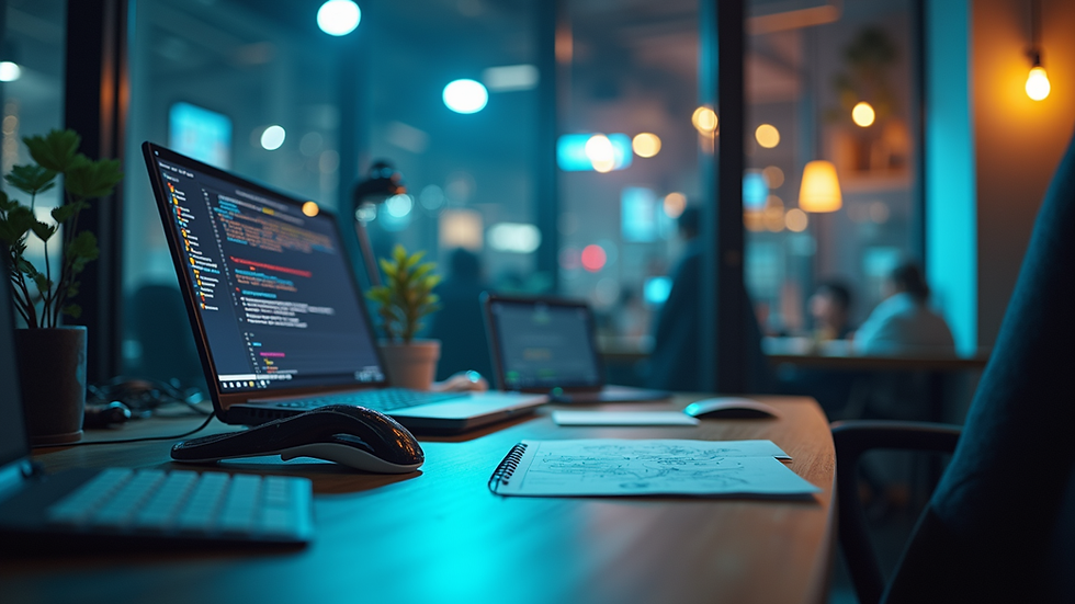 Eye-level view of a modern tech workspace with innovative tools