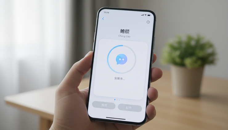 近景视角展示一部华为手机正在打开聊天应用安装页面