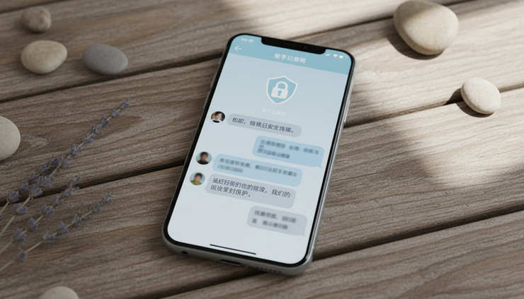 俯视图显示一部手机上的加密聊天界面