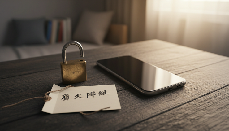 低角度视图中手机旁放着一把小锁和纸质便签