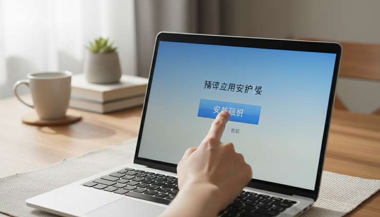 近景视图，一只手正在点击笔记本电脑上的安装确认按钮。