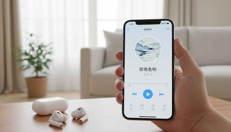 平视视角,一部手机正在播放汽水音乐风格的歌曲界面