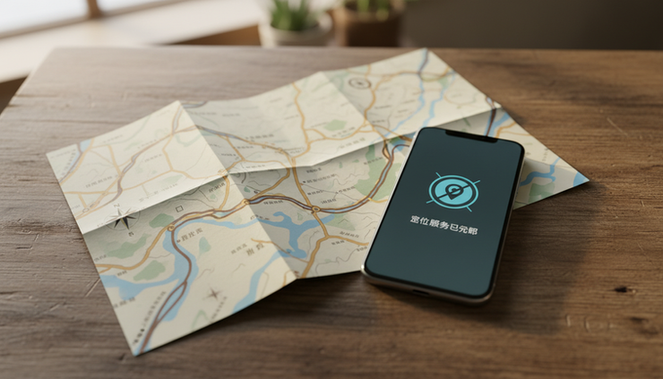 俯视视角展示手机旁边的纸质地图和关闭的定位图标