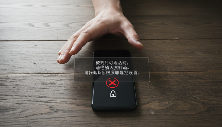 俯视图中一只手正准备触碰手机上的安全提示