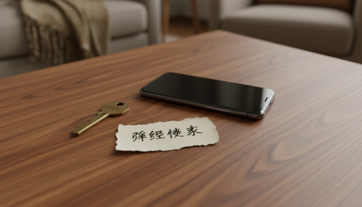 近景视角下的手机旁放着钥匙和便签