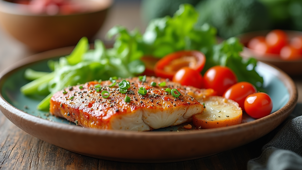 Eye-level view of a balanced meal with vegetables and lean protein