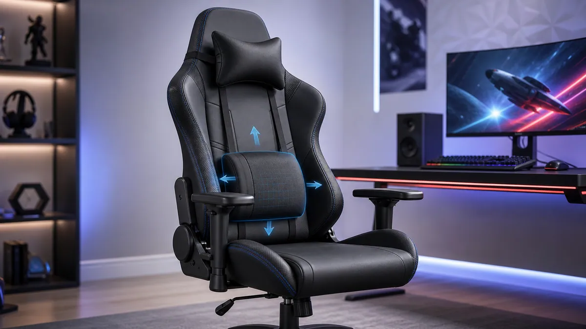 Adjustable lumbar support gaming chair in a premium showroom setting