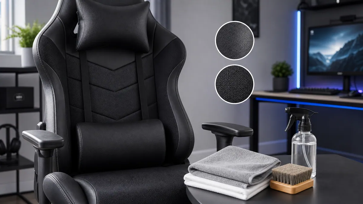 Gaming chair cleaning setup with microfiber cloth and material samples