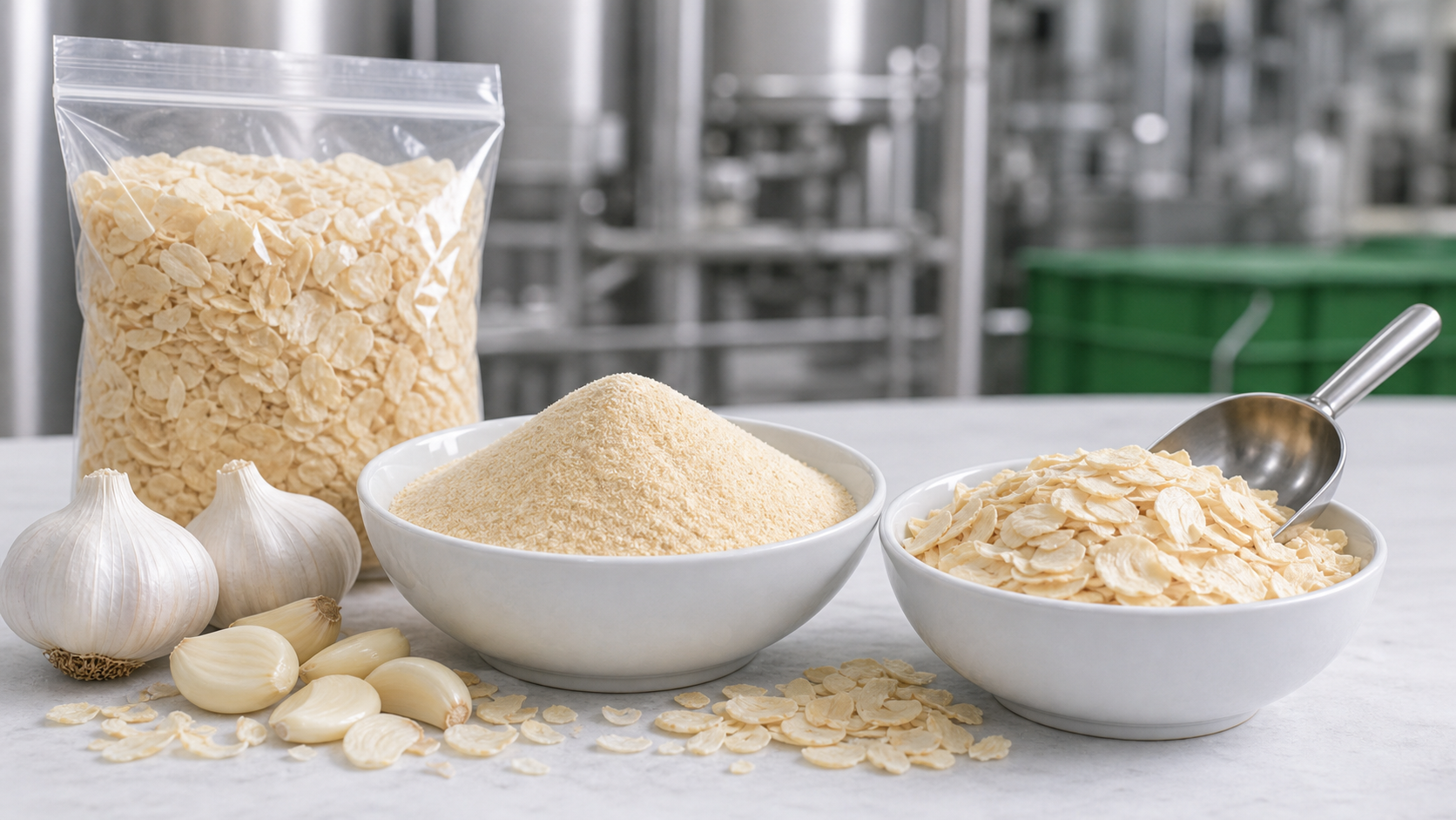 Bulk dehydrated garlic powder and flakes for industrial food manufacturing