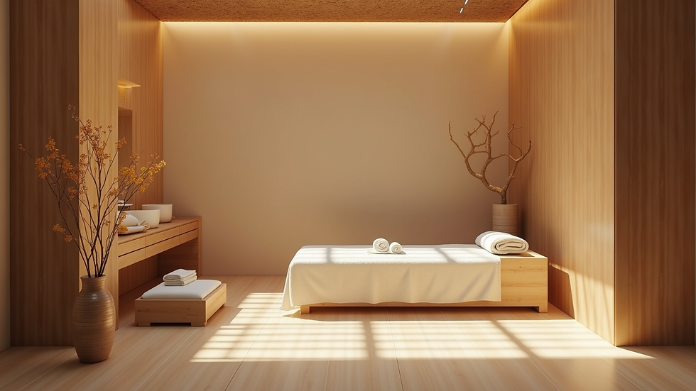 Eye-level view of a serene Ayurvedic spa room with calming decor