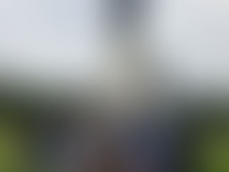 a group of students stand in front of a tall bronze and stone statue outside on a cloudy day