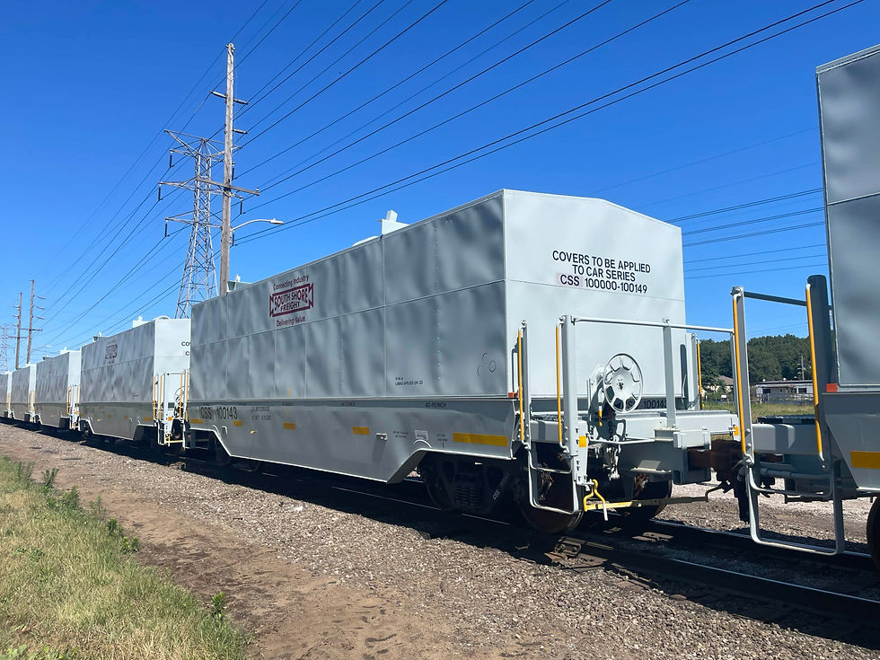 Freight train cars on tracks under clear blue sky, marked "Covers to be applied" with "South Shore Freight" logo, grassy foreground.