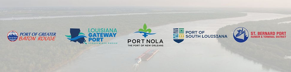 Logos of Louisiana ports: Baton Rouge, Gateway Port, Port NOLA, South Louisiana, St. Bernard Port. Aerial view of a river in the background.