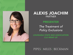 Portrait of a smiling person with glasses and a pink top beside text: "Alexis Joachim, Presenter, The Treatment of Policy Exclusions." Green and gray background.