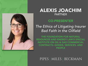 Woman smiling with glasses and dark hair, text about a co-presenter for a law conference on oilfield insurer ethics. Green and gray colors.